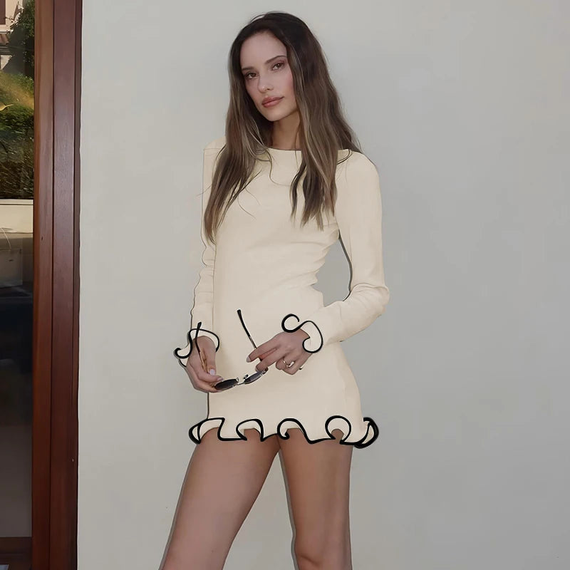 Dulzura Women's Ruffle Patchwork Bodycon Mini Dress - Long Sleeve O-Neck Sexy Party Outfit