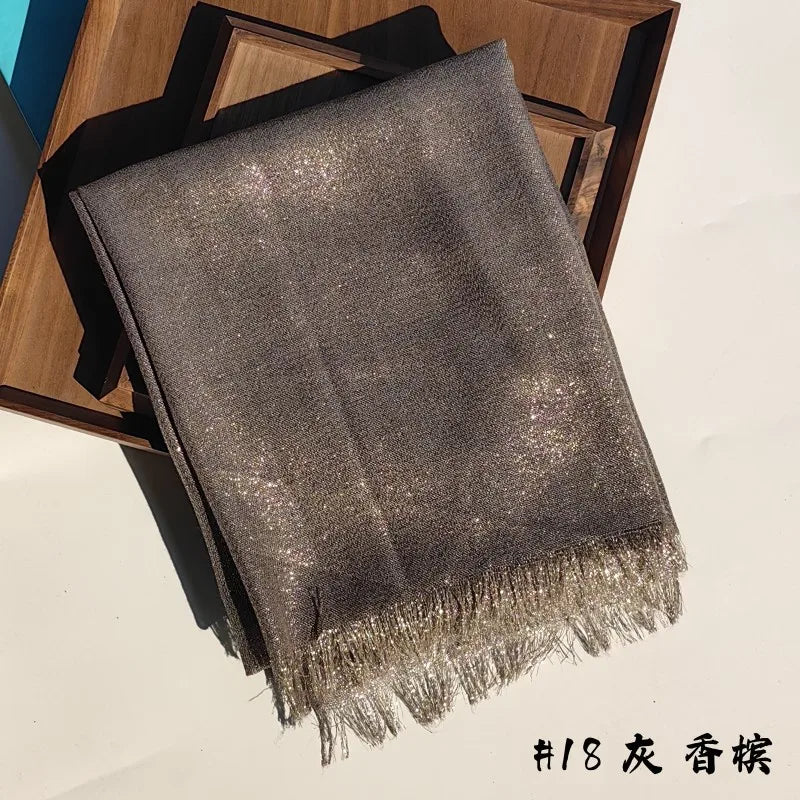 Lastest Brand Design Scarf Shiny Solid Color Shawls Rayon Fabric Gold Silk Silver Wire Head Shawl Fringe Hijab For Women