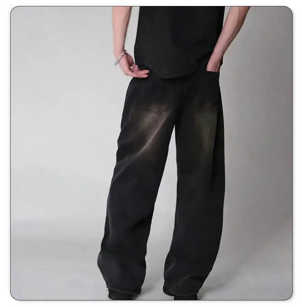 Mens Straight Loose Wide Leg Baggy Jeans Black Gray Blue Casual Pants
