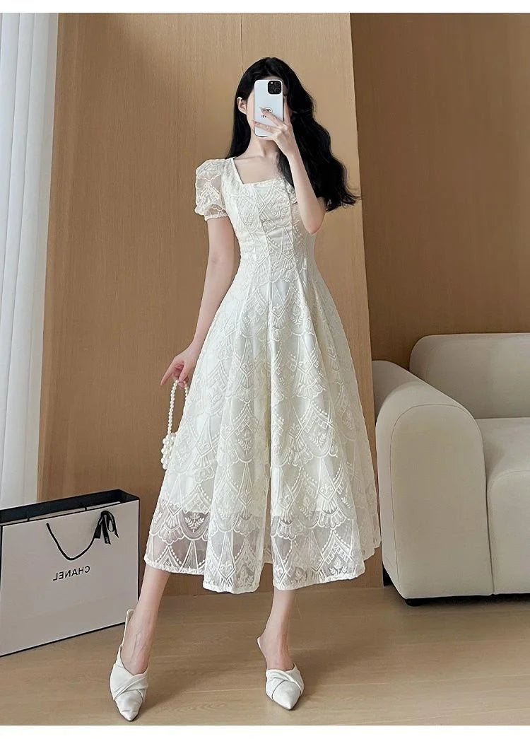 Women's Plus Size A-Line Summer Dress - Lace Hollow Out, Square Neck, Waist Cinched