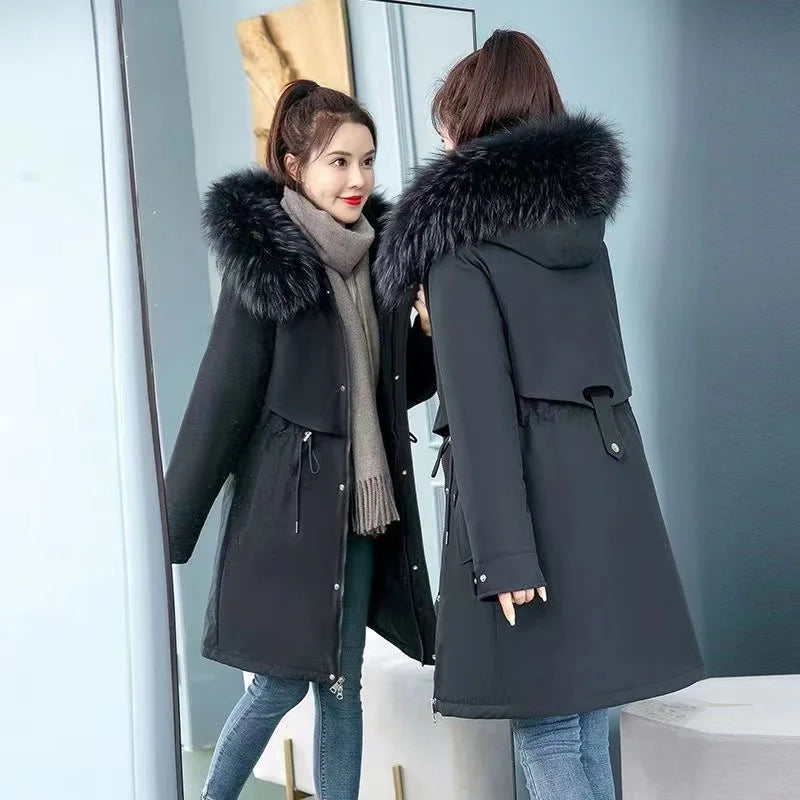 2023 Oversized 6XL Female Parka Winter New Loose Wool Liner Jacket Women's Thick Hooded Coat Ladies Warm Padded Long Snow Parkas - trendingshoping.com