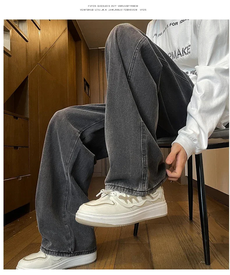 Mens Black Gray Loose Straight Wide Leg Jeans Casual Pantslue