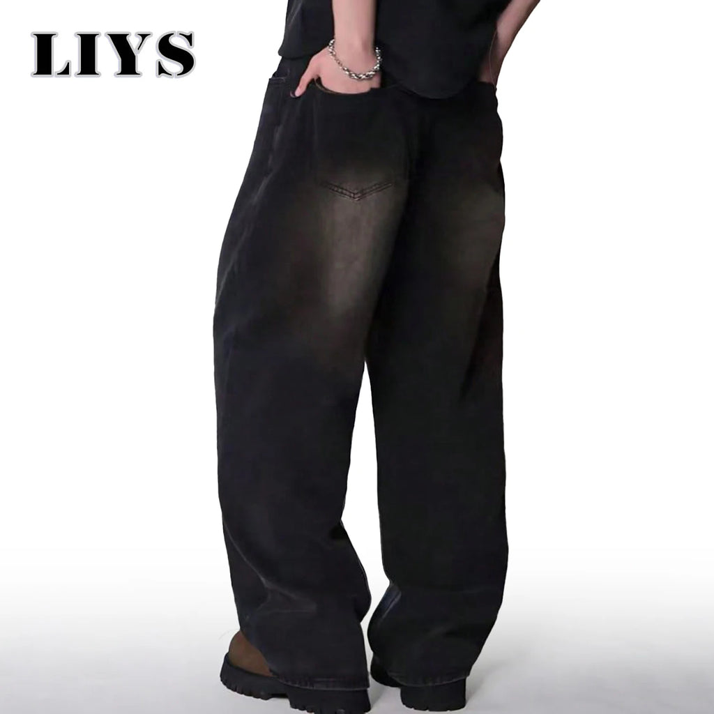 Mens Straight Loose Wide Leg Baggy Jeans Black Gray Blue Casual Pants