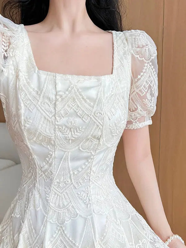 Women's Plus Size A-Line Summer Dress - Lace Hollow Out, Square Neck, Waist Cinched