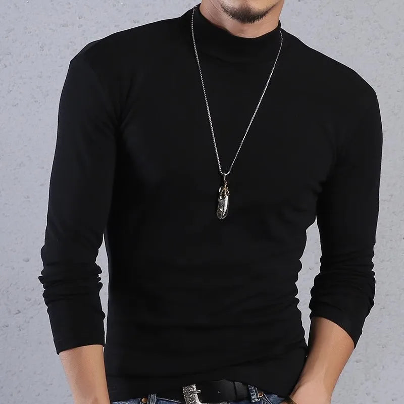 Men’s Solid Color Turtleneck Long Sleeve Slim Fit T-Shirt Spring Casual Top Plus Size