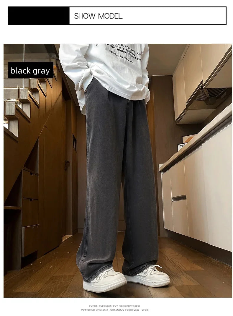 Mens Black Gray Loose Straight Wide Leg Jeans Casual Pantslue