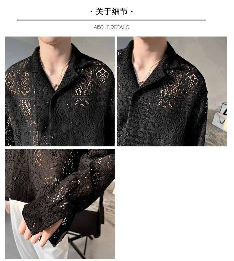 Fashion Hollow Out Shirts for Men Transparent Mesh Lace Long Sleeve Shirts Retro Elegant Breathable Tops Male Streetwear Popular