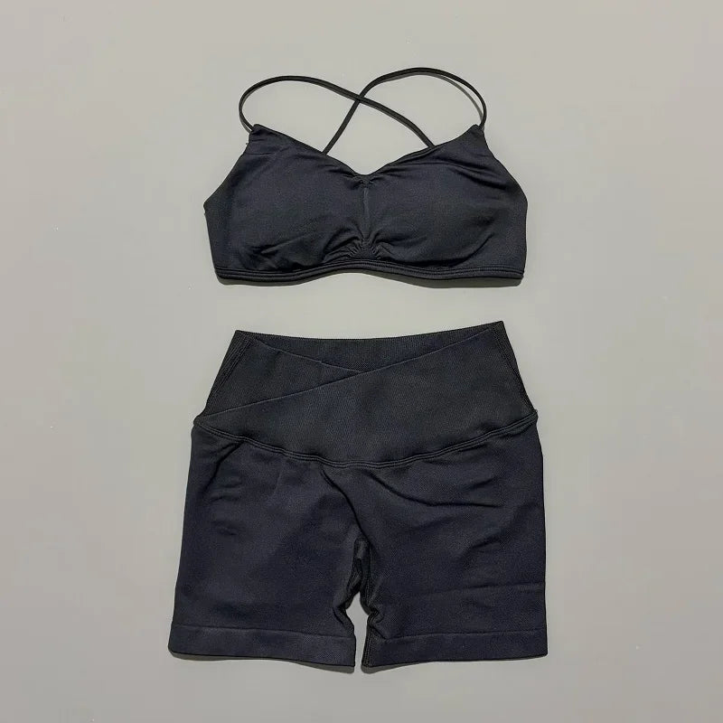 Women’s Seamless Workout Set - High Waist Scrunch Shorts & Crop Bra - 2PC Gym Suit