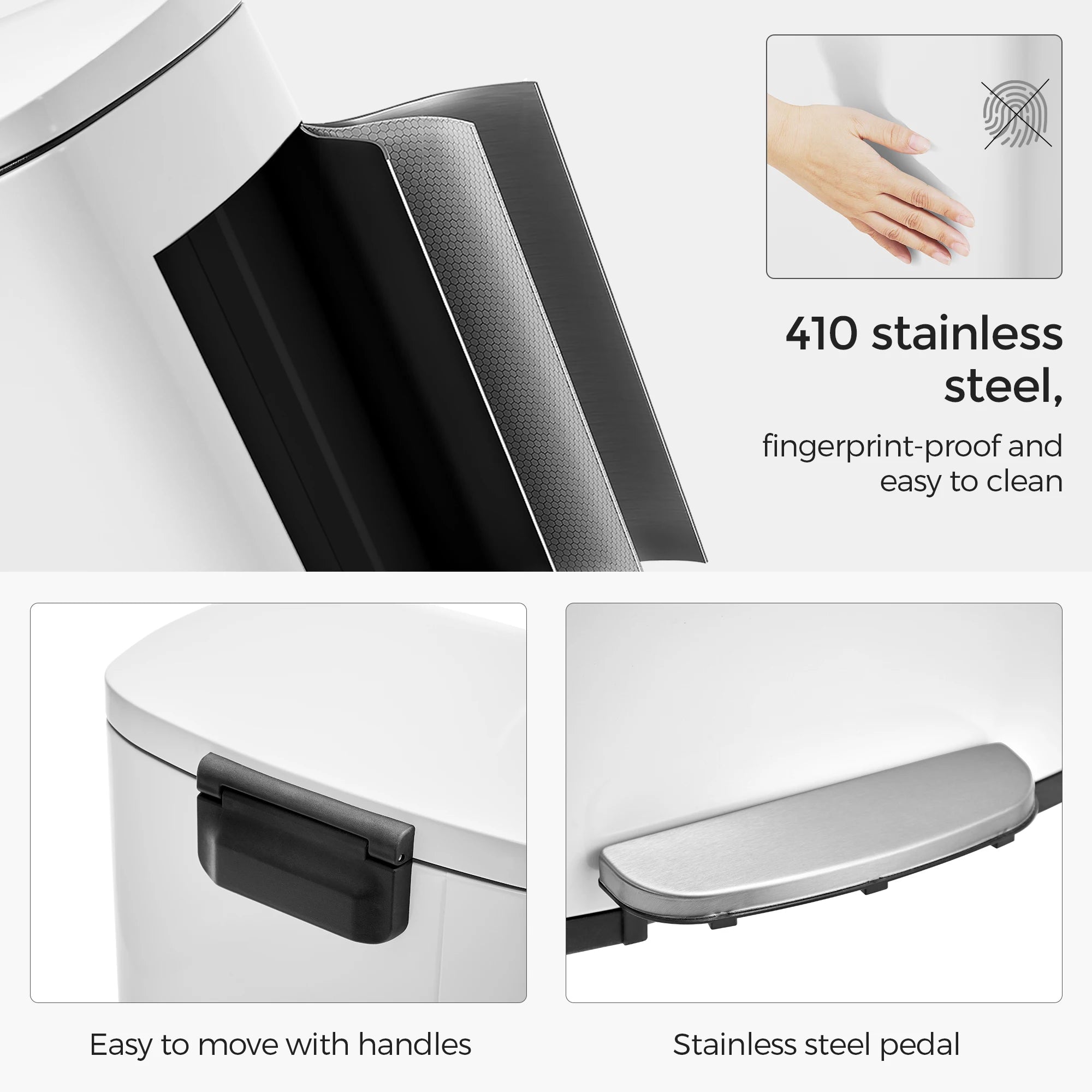 Poubelle de Cuisine 50L à Pédale, avec Seau Intérieur en Plastique, Couvercle, Fermeture Douce, Anti-odeur, Blanc - trendingshoping.com