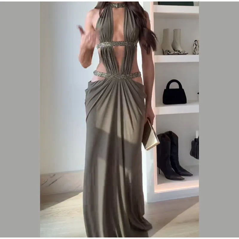 Women’s Sequin Halter Neck Sleeveless Backless Evening Maxi Dress