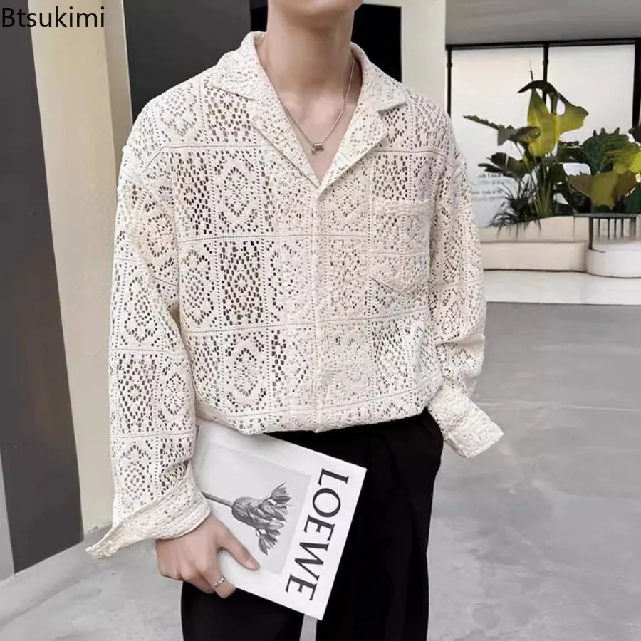 Fashion Hollow Out Shirts for Men Transparent Mesh Lace Long Sleeve Shirts Retro Elegant Breathable Tops Male Streetwear Popular