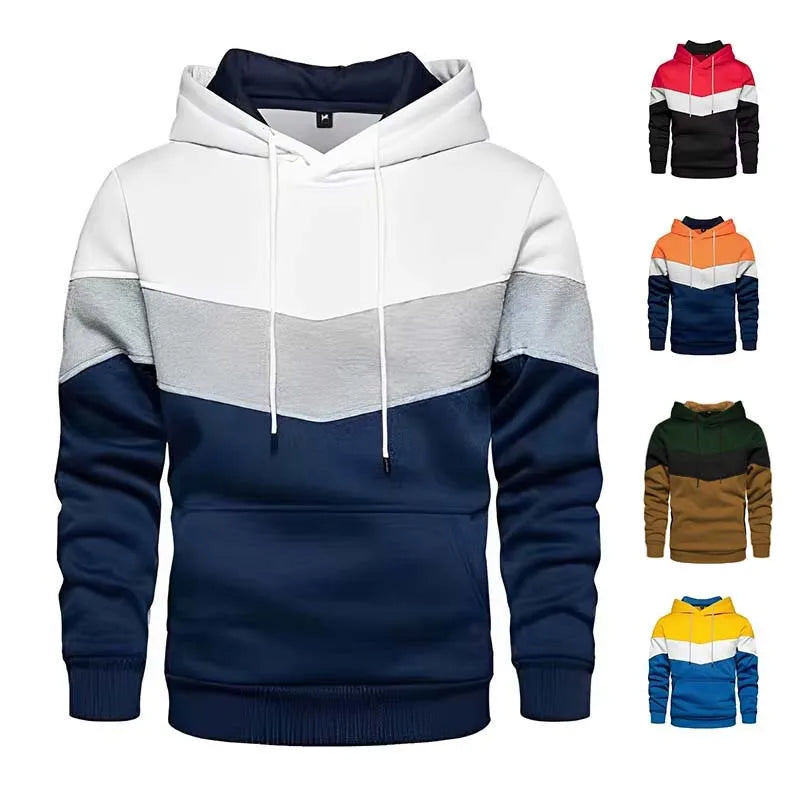 Men Patchwork Hoodie – 2025 Street Fashion Outdoor Casual Fleece Thermal Hooded Sweatshirt