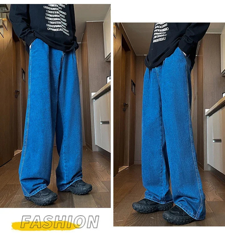 Mens Black Gray Loose Straight Wide Leg Jeans Casual Pantslue