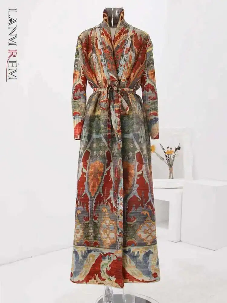 LANMREM Fashion Designer Print Pleated Windbreaker Women Scraf Collar Belt Gathered Waist Contrast Color 2024 New Coat 32C1261 - trendingshoping.com