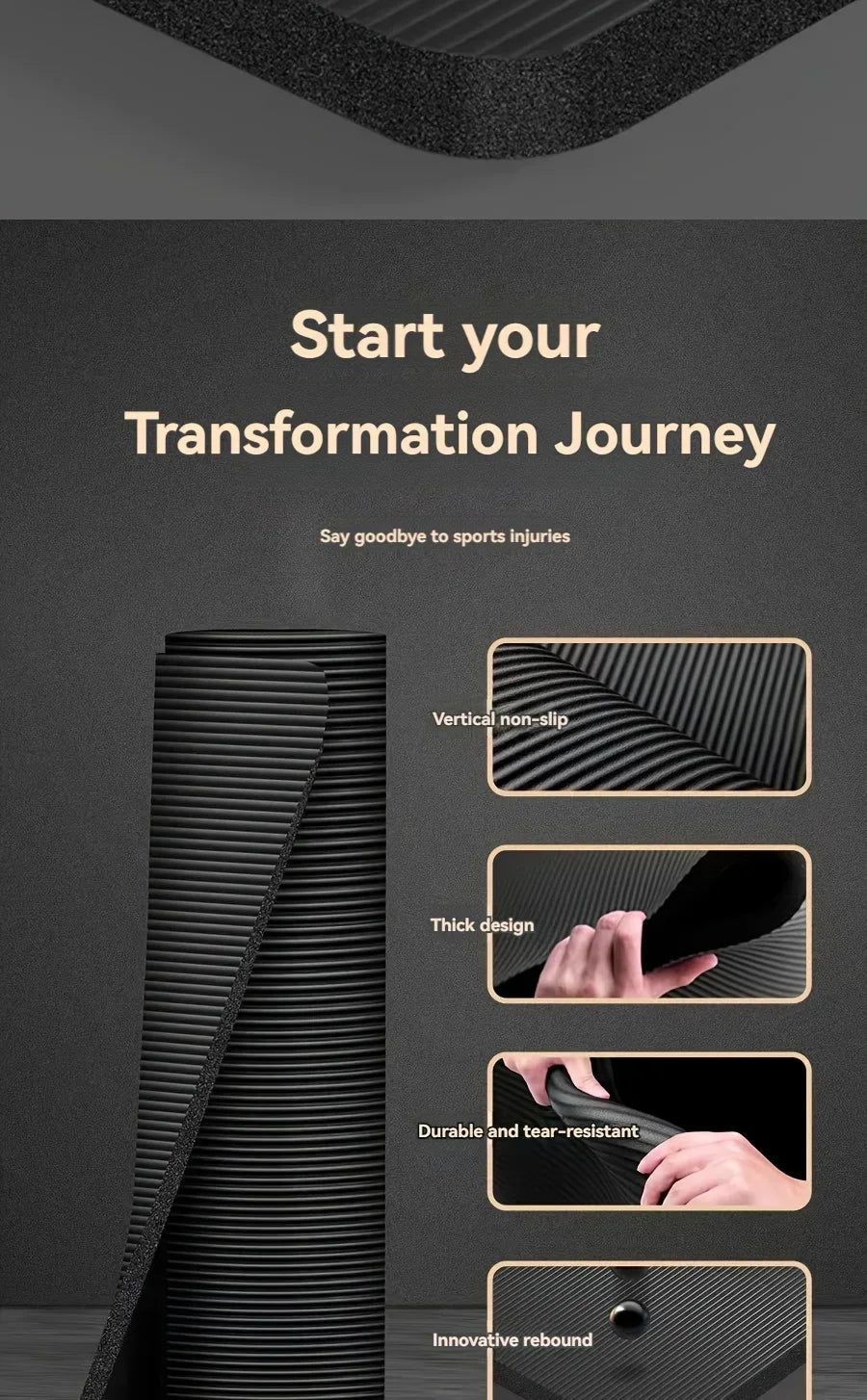 Thick Black Yoga Mat Non Slip Durable NBR Rubber Fitness Exercise Mat for Home Workouts