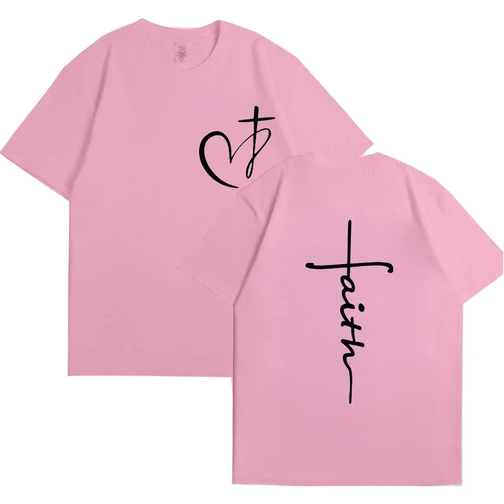 New Womens Heart Cross T Shirt Fashion Faith Print Loose Short Sleeve Classic Pullover Summer Tee Clothing