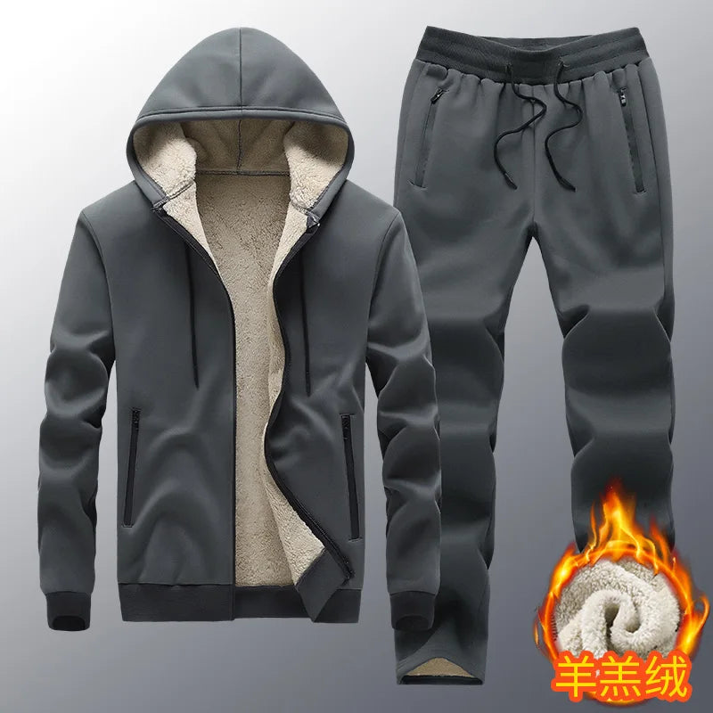 Mens Winter Tech Fleece Tracksuit Set Warm Hooded Sweatshirt and Pants Two Piece