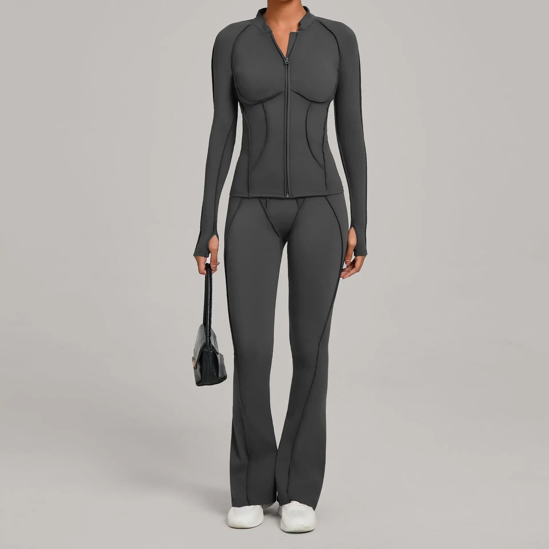 Women’s 2-Piece Zipper Gym Set - Long Sleeve Tracksuit & High-Waist Yoga Pants