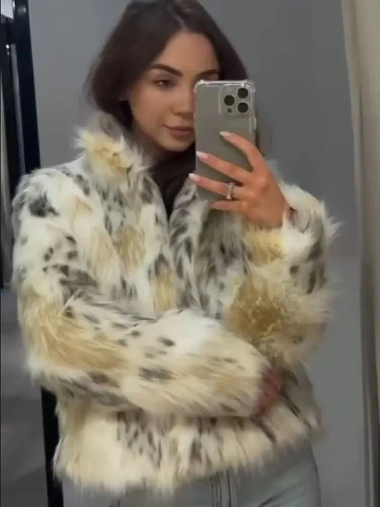 Women’s Winter Faux Fur Jacket – High Collar Long Sleeve Warm Elegant Street Style Outerwear