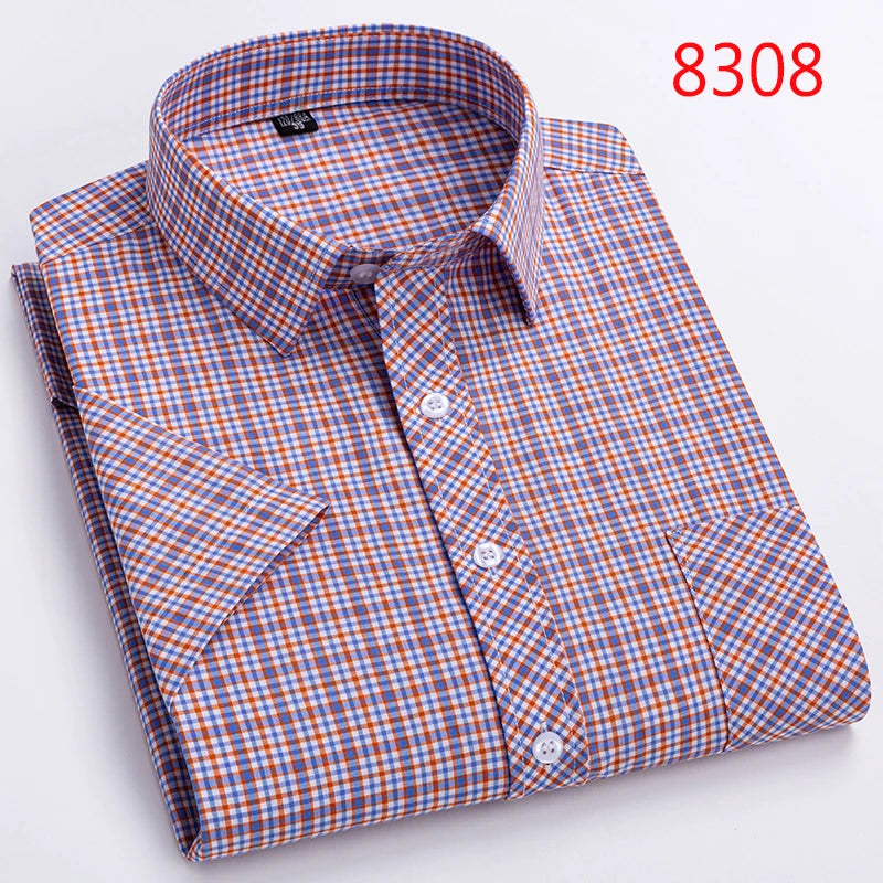 Men's Casual Cotton Plaid Shirt – Short Sleeve Summer Shirt, Elegant Business & Smart Dress Shirt, England Fashion Top
