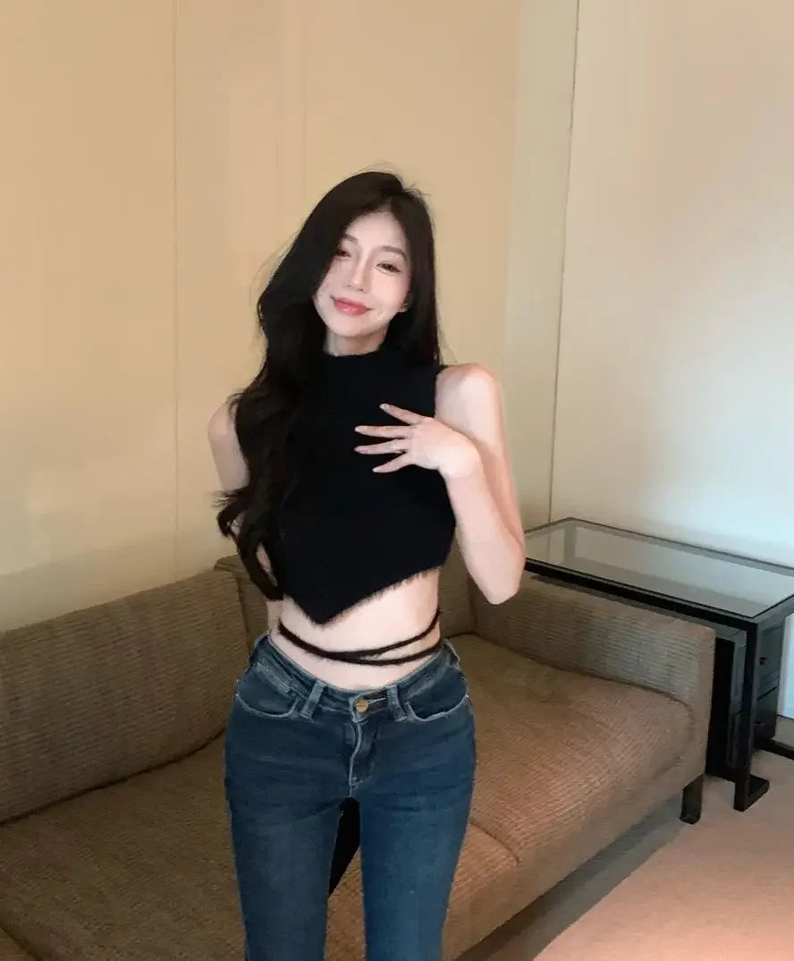 Women Knit Halter Crop Top Furry Lace Up Sleeveless