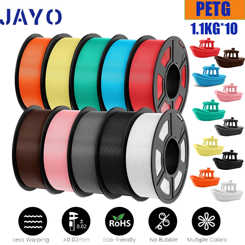 JAYO petg Filament 3d PETG 1.75mm 10Rolls Neatly Wound Toughness no bubbles 3D Printer Filament for FDM Muticolor 1.1KG /roll - trendingshoping.com