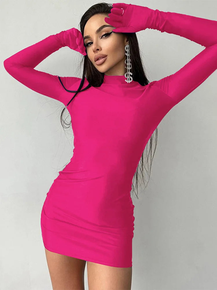 Women’s Solid Long Sleeve Bodycon Mini Dress with Gloves Half Turtleneck Party Y2K