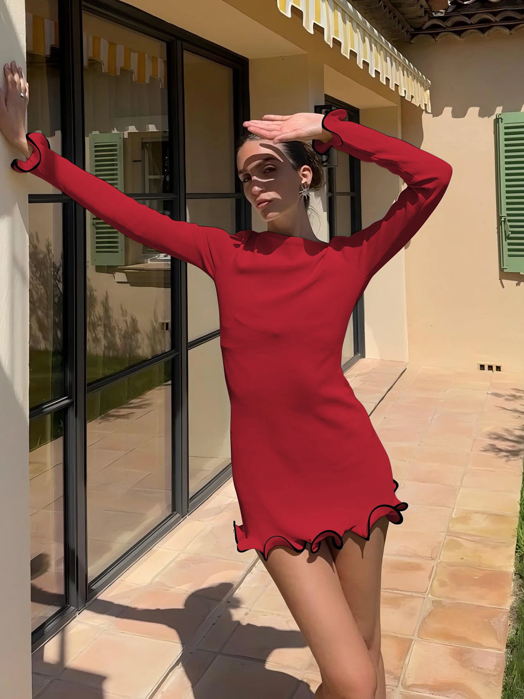 Dulzura Women's Ruffle Patchwork Bodycon Mini Dress - Long Sleeve O-Neck Sexy Party Outfit