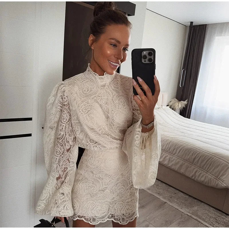 Women’s White Lace Flare Sleeve Top & Mini Skirt Set