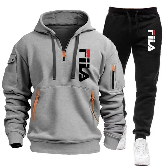 FILA 2026 Men's Autumn Winter Hoodie & Pants Set – Two-Piece Pullover Sportswear, Outdoor Multi-Pocket Sweatshirt