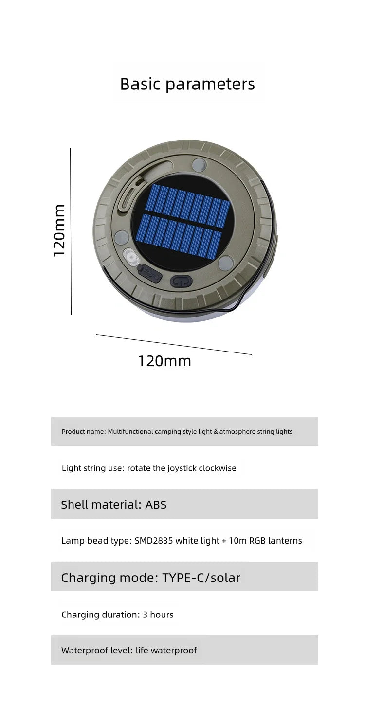 Solar Outdoor Camping Light 10 Meter String Light RGB LED Tent Atmosphere Light With Hook
