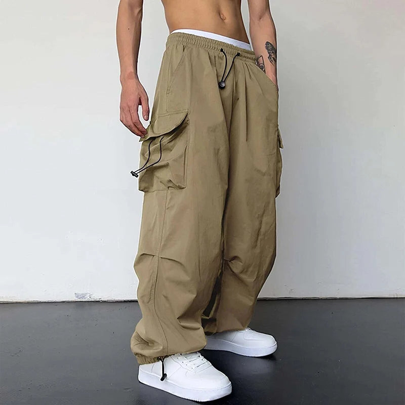 Men’s Streetwear Cargo Pants - Wide-Leg Loose Fit Trousers with Drawstring