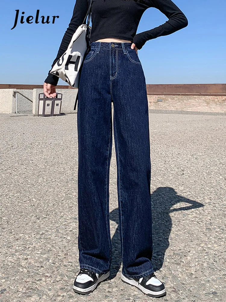 Jielur Dark Blue High Waist Washed Straight Wide Leg Womens Jeans Solid Color
