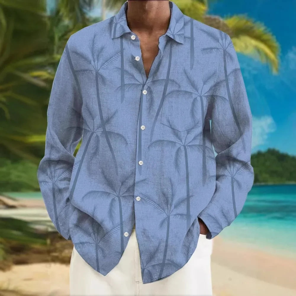 Men’s Hawaiian Button-Up Shirt Printed Stripe Long Sleeve Casual Shirt