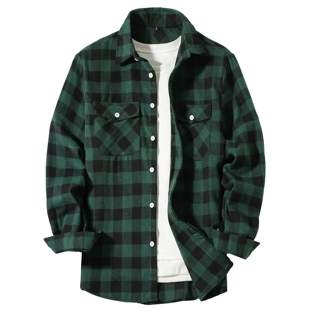 Men's Plaid Flannel Shirt – Long Sleeve Smart Casual Top with Two Chest Pockets, Spring & Autumn Style