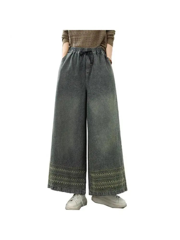 Jeans Women 2025 Autumn New Jeans Retro Heavy Industry Embroidery Ethnic Style Elastic Waist Casual Oversized Wide Leg Pants - trendingshoping.com
