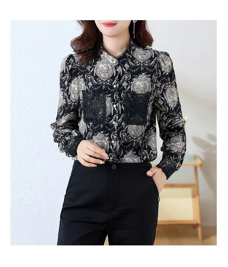 Women's Printed Satin Shirt - Slim Fit Long Sleeve Blouse for Spring & Autumn, Office Wear