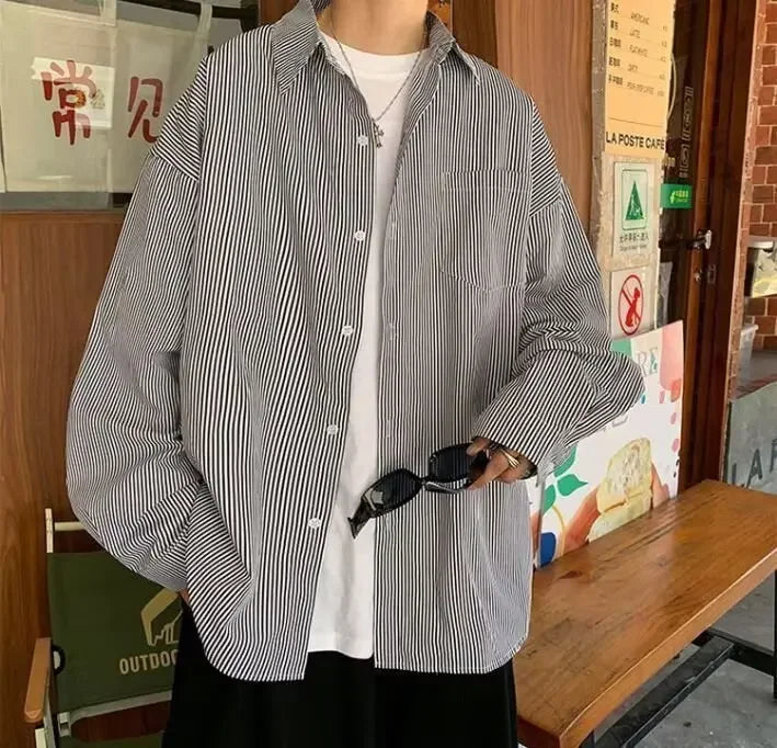 Casual Oxford Cloth Long Sleeve Shirt Men's Spring Summer New Style Hong Kong Style Japanese Stripe Thin Casual Workwear Jacket