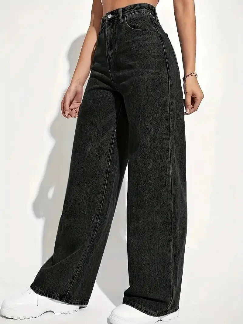 New ForeignWomen's High-Waisted Wide-Leg Jeans - Straight Loose Fit Denim with Elegant Drape Trade