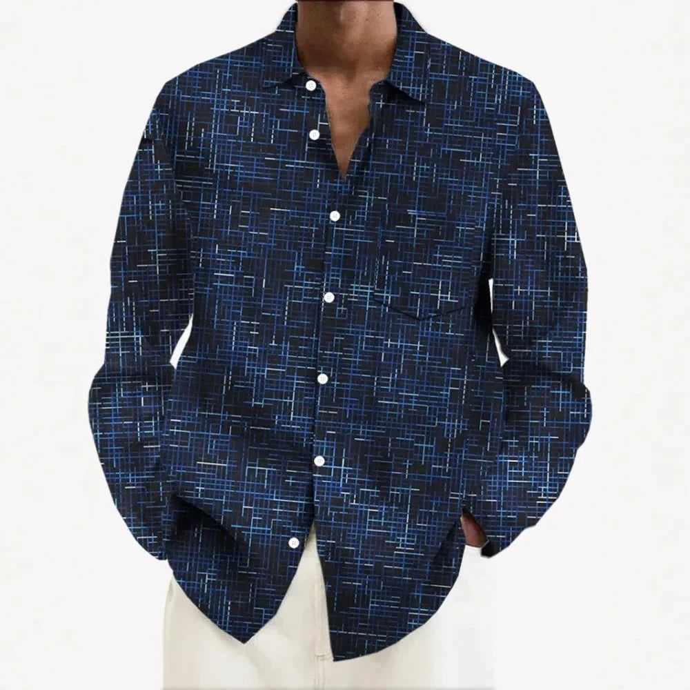 Men’s Hawaiian Button-Up Shirt Printed Stripe Long Sleeve Casual Shirt