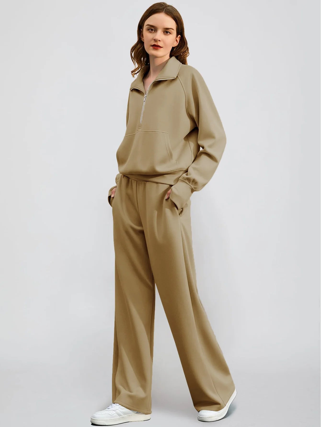 Women’s Solid Color Half Zip Sweatshirt and Wide Leg Pants Set Casual Sporty Outfit