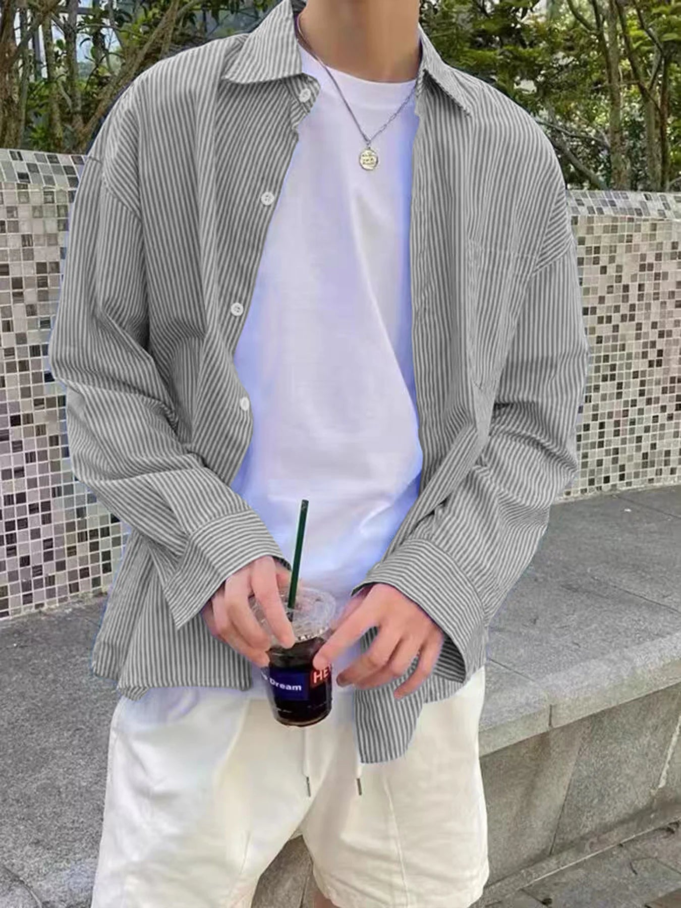 Men's Slim Fit Striped Long-Sleeve Shirt - Korean Style Casual Button-Down