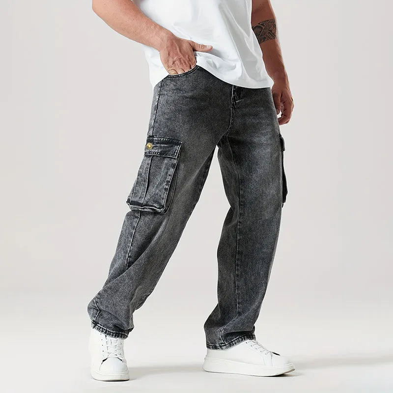 Mens Loose Straight Leg Jeans Large Pocket Casual Work Pants