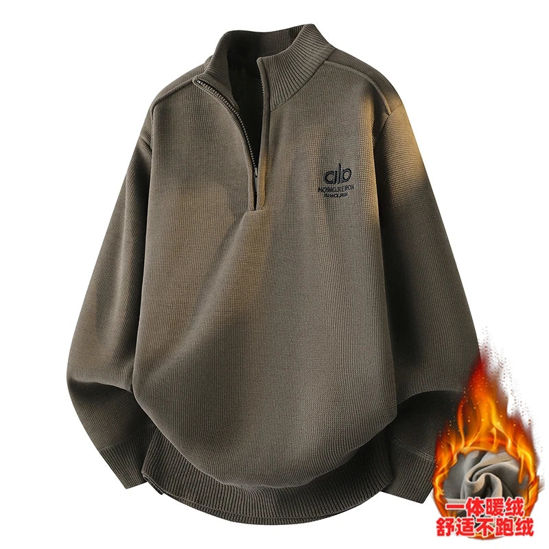 Half Zip Fleece Hoodie for Men – 2025 Winter Warm Embroidered Thick Sweater