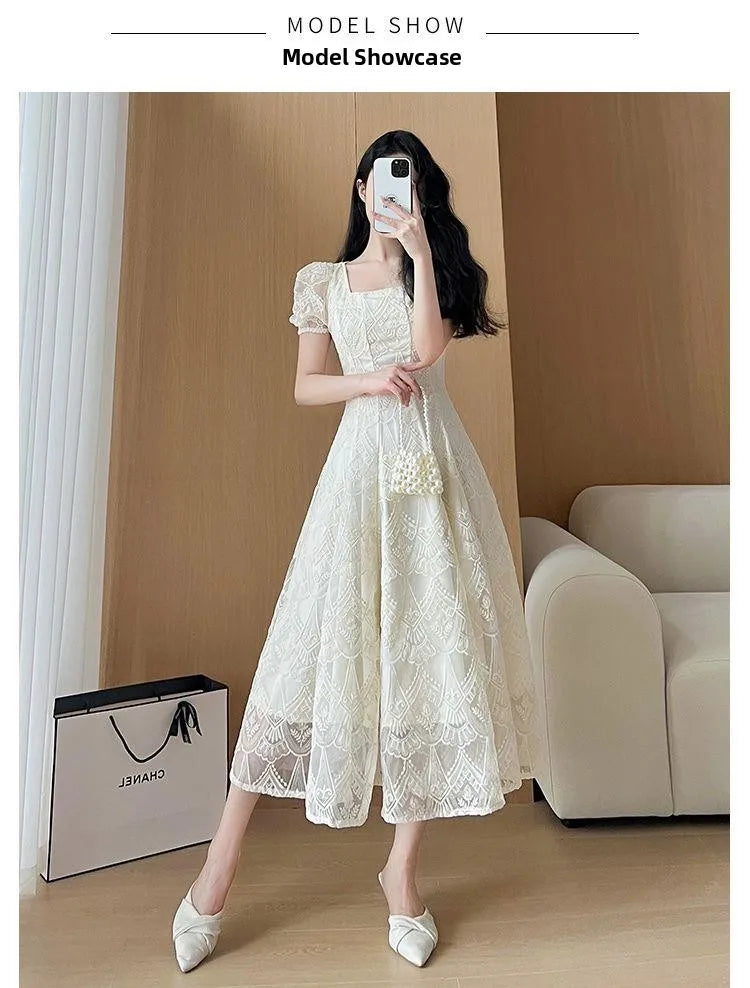 Women's Plus Size A-Line Summer Dress - Lace Hollow Out, Square Neck, Waist Cinched