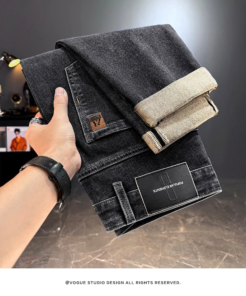 Men's Classic Straight Leg Stretch Jeans - Casual Autumn Winter Denim Trousers