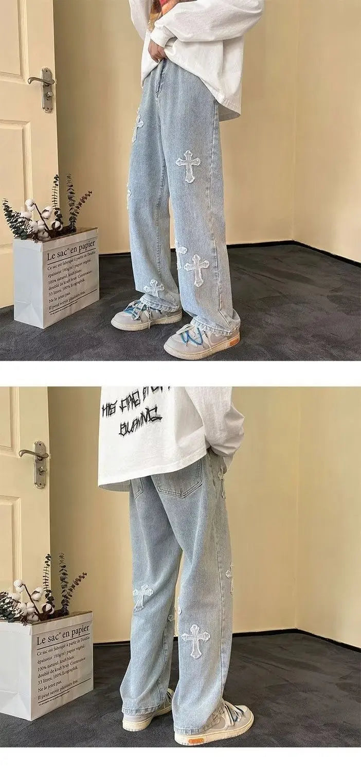 Mens Straight Loose Denim Jeans Cross Embroidery Black Blue Casual Pants