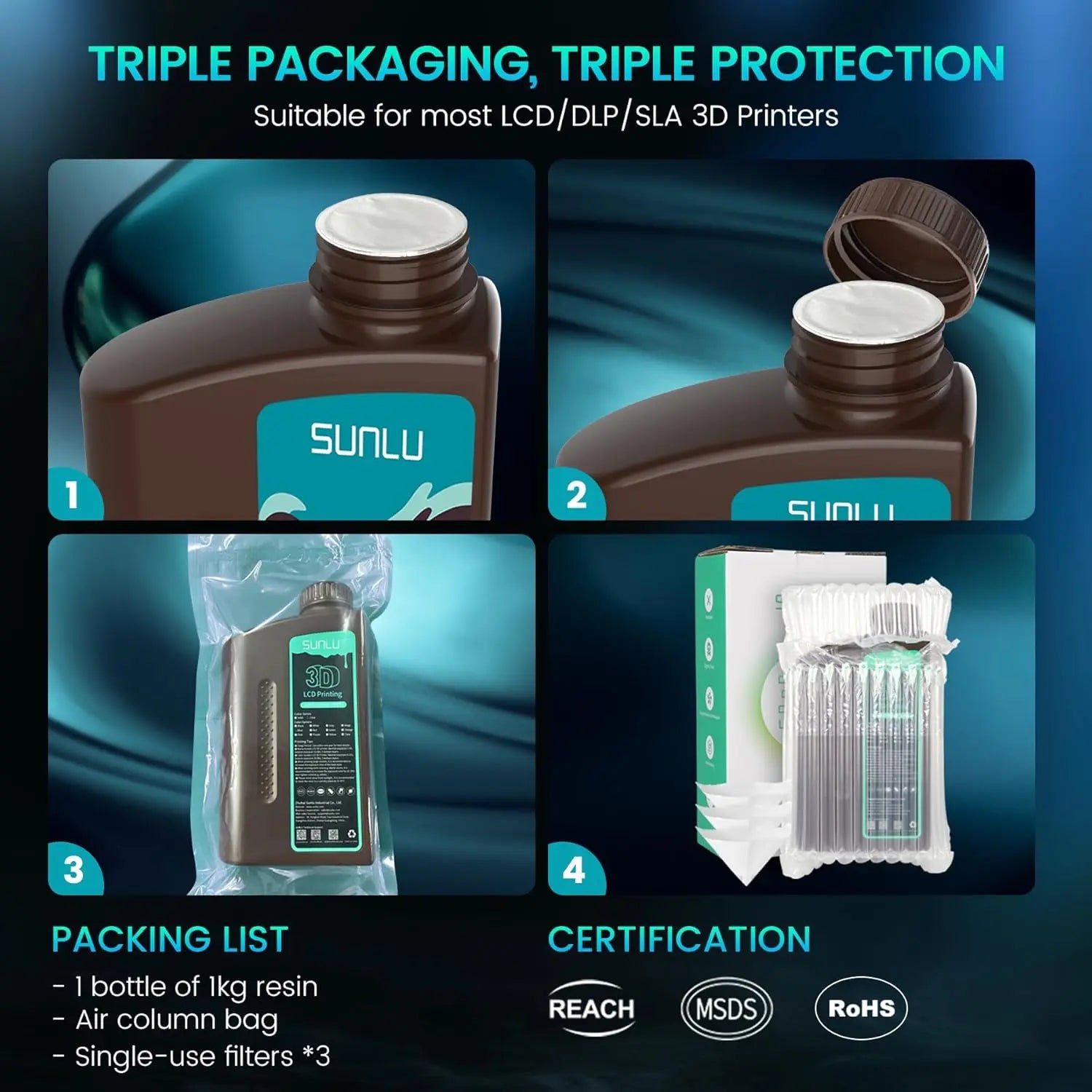 SUNLU ABS-Like 3D Printer Resin – 405nm Rapid UV-Curing, Water Washable, 1000g Bottle