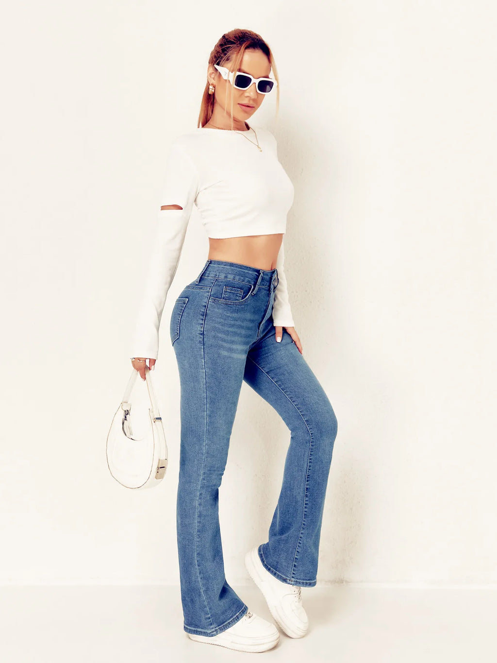 2026 Women's Jeans High Waisted Double Button Elastic Slightly Flared American Style Casual Versatile Washed Denim Trousers