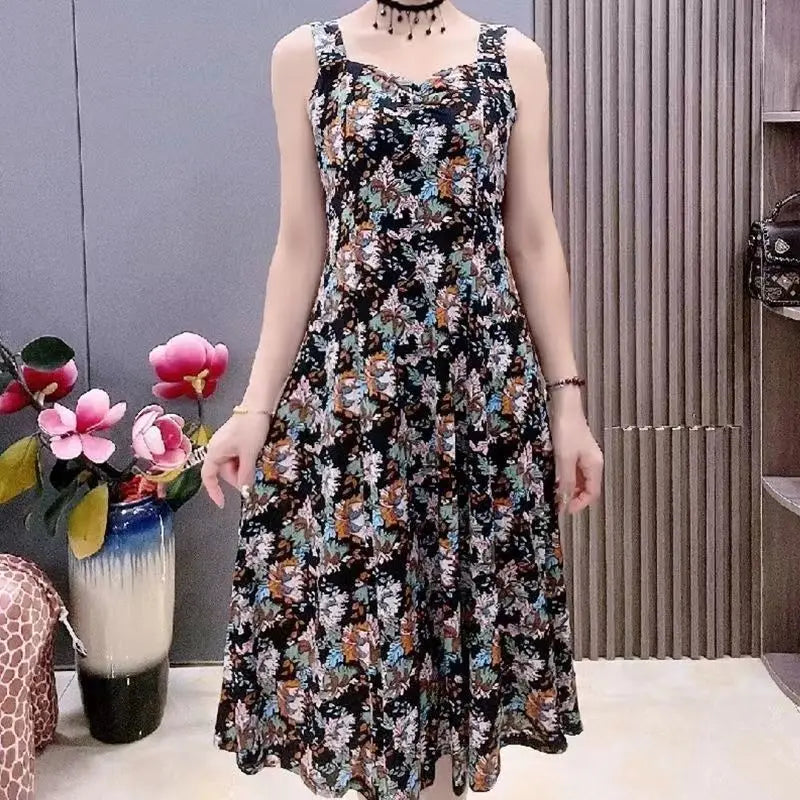 Women’s Vintage Floral V-Neck Slip Midi Dress – Summer Casual A-Line Waist Elegant Fashion